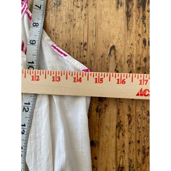 Boho White & Magenta Maxi Dress Adjustable Spaghetti Straps Striped Hem Graphic - Picture 4 of 5